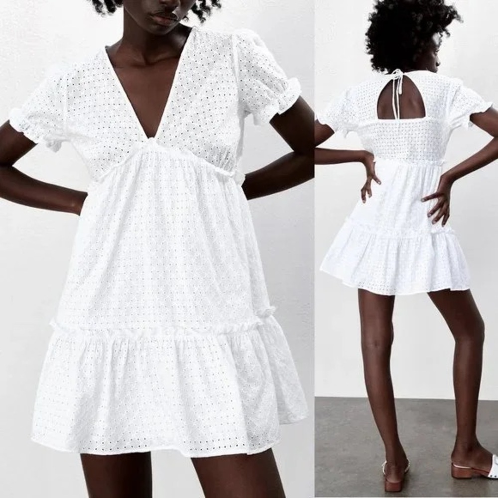 Zara White Eyelet Dress with Tie Back - Picture 6 of 8